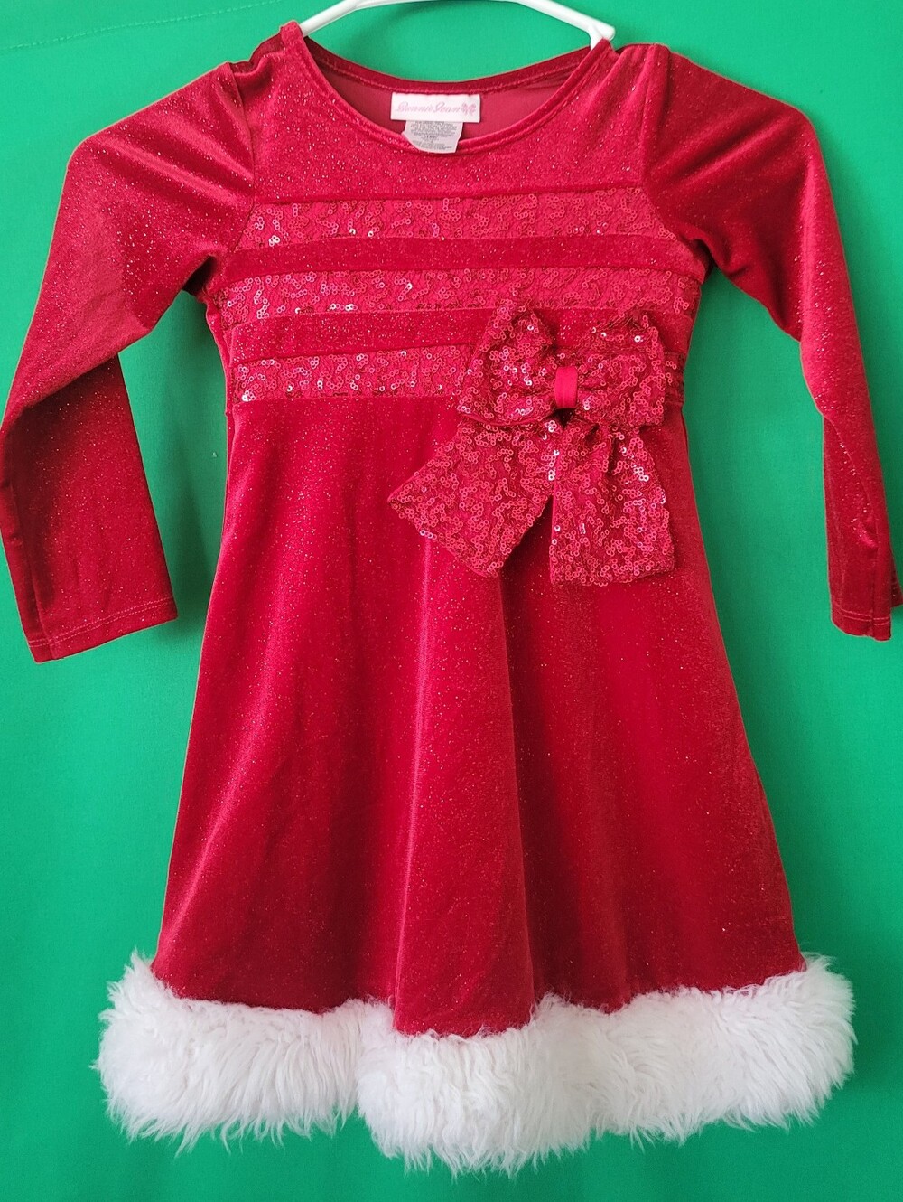Bonnie Jean Red Girls Sequin Velvet Dress Christmas Holiday Bow Sz 4 Santa Shiny